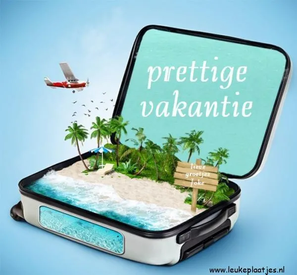 Koffer met tropische strandafbeelding en de tekst 'prettige vakantie'.