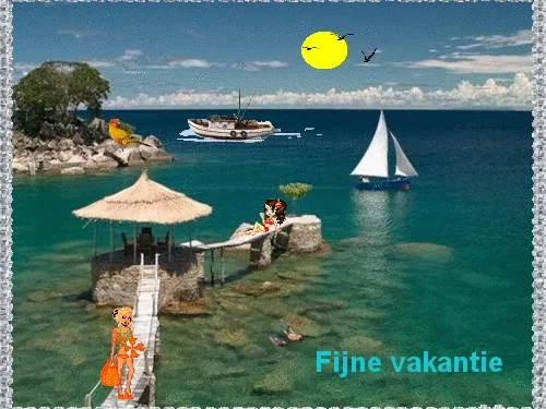 Tropisch zeelandschap met vakantiefiguren en boten, zon en een strandhut.