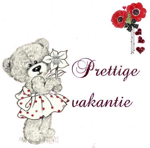 Een schattige teddybeer met een bloem en de tekst "Prettige vakantie".