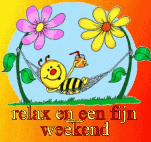 Een blij sfeertje met een bij in een hangmat tussen bloemen en de tekst "relax en een fijn weekend".
