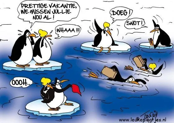 ᐅ fijne vakantie grappig - Vakantie Plaatjes en Gifs plaatjes Vijf pinguïns op ijs, met een paar die afscheid nemen en vertreksignalen geven.