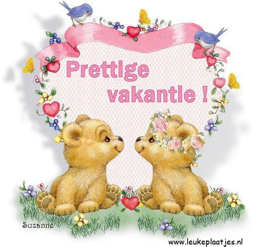ᐅ fijne vakantie grappig - Vakantie Plaatjes en Gifs plaatjes Twee schattige jonge beren met bloemen en een hart, met de tekst "Prettige vakantie!"