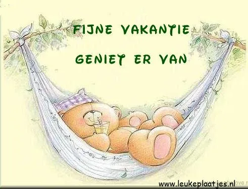 ᐅ fijne vakantie grappig - Vakantie Plaatjes en Gifs plaatjes Een schattige teddybeer in een hangmat met de tekst "Fijne vakantie, geniet ervan".
