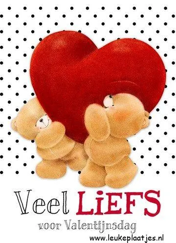 ᐅ fijne valentijnsdag - Valentijnsdag plaatjes Twee teddyberen houden een groot rood hart vast met de tekst 'Veel LIEFS'.