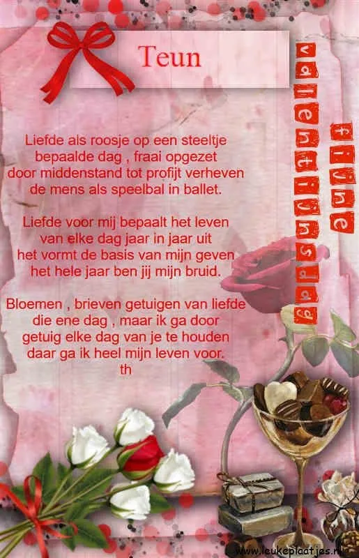 Tekst met de naam "Teun" en een Valentijnsgedicht met rozen en een cadeautje.