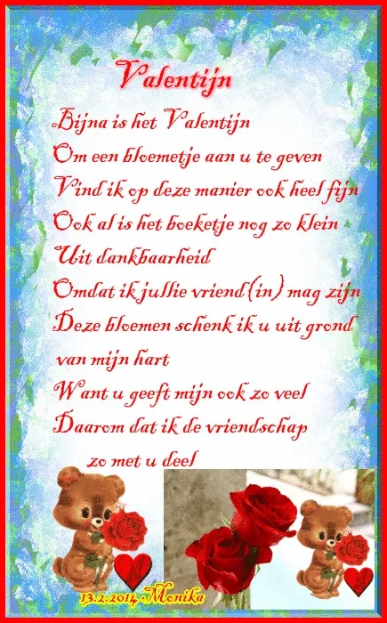 Een gedicht over Valentijn, met een afbeelding van teddyberen en rozen.