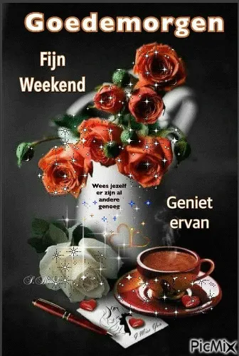 Koffie met rozen en goedemorgen boodschap voor een fijn weekend.