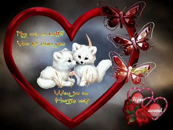 Twee schattige witte vosjes in een hart met vlinders en bloemendecoratie.