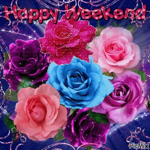 Rozen in verschillende kleuren met de tekst "Happy Weekend".