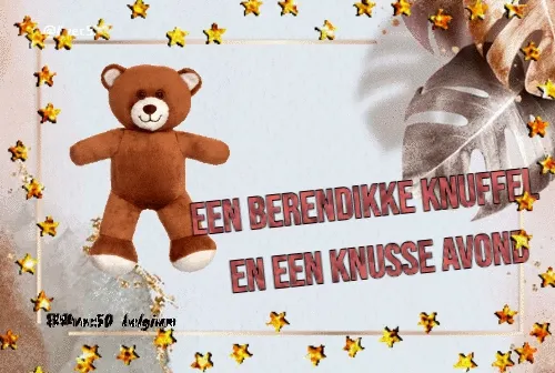 Een bruin knuffelbeer op een sterren achtergrond met de tekst "Een berendikke knuffel".
