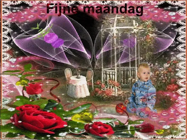 Een kind in een bloemenachtige omgeving met de tekst "Fijne maandag".