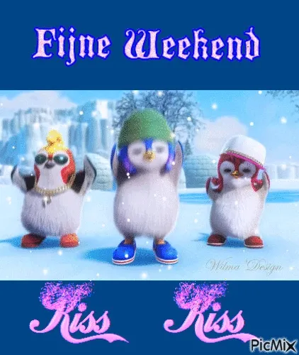 Drie schattige pinguïns dansen in de sneeuw met kleurrijke hoeden.