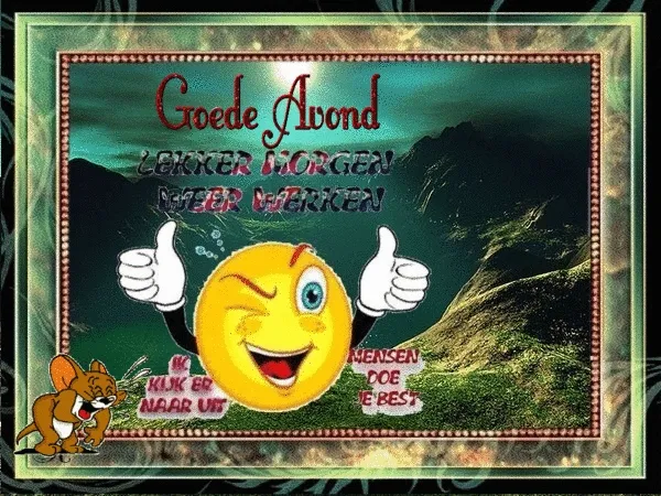 Aankondiging met een glimlachende emoticon en boodschap "Goede Avond" in een natuurachtergrond.