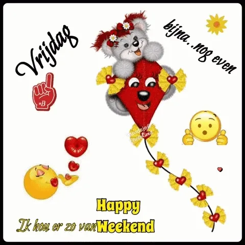 Een schattige tekening met een teddybeer, een vlieger en vrolijke teksten over het weekend.