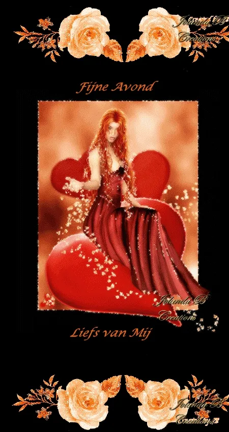 Illustratie van een vrouw in een rode jurk met hartjes en bloemen rond haar.