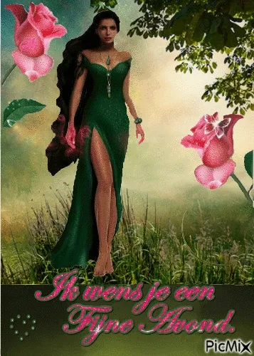 Een vrouw in een groene jurk met een bloemenachtergrond, met de tekst "Ik wens je een Fijne Avond".