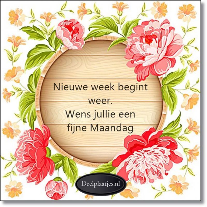 ᐅ Fijne week plaatjes: gratis afbeeldingen en kaarten - Fijne week plaatjes Een houten bord omringd door bloemen met de tekst: "Fijne Maandag."