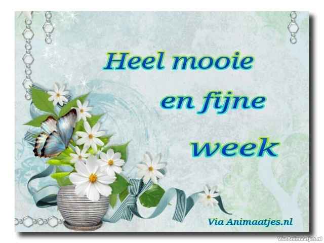 ᐅ Fijne week plaatjes: gratis afbeeldingen en kaarten - Fijne week plaatjes Tekst: "Mooi bloemenarrangement met een vlinder en de tekst 'Hele mooie en fijne week'."