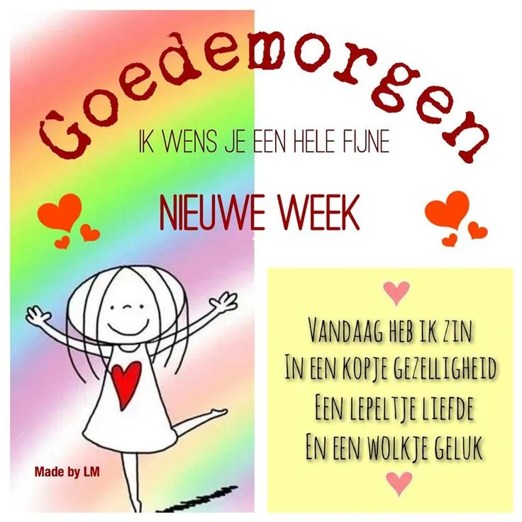 Kleurige afbeelding met een meisje, welkom, en positieve boodschappen voor de nieuwe week.