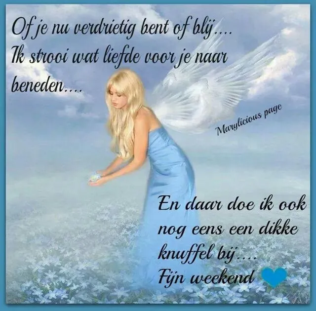 Een vrouw in een blauwe lucht verspreidt liefde en knuffels voor het weekend.