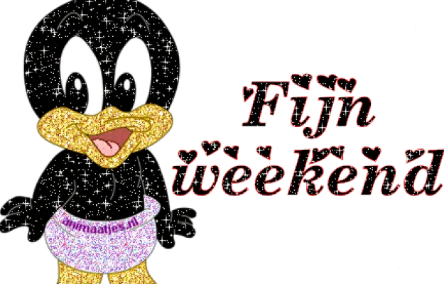 Leuke cartoon vogel met tekst "Fijn weekend" in glinsterende letters.