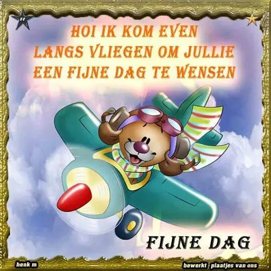 Een schattige beer vliegt in een vliegtuig en wenst een fijne dag.