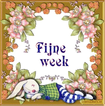 Wit konijn slaapt tegen een achtergrond van bloemen met de tekst "Fijne week".