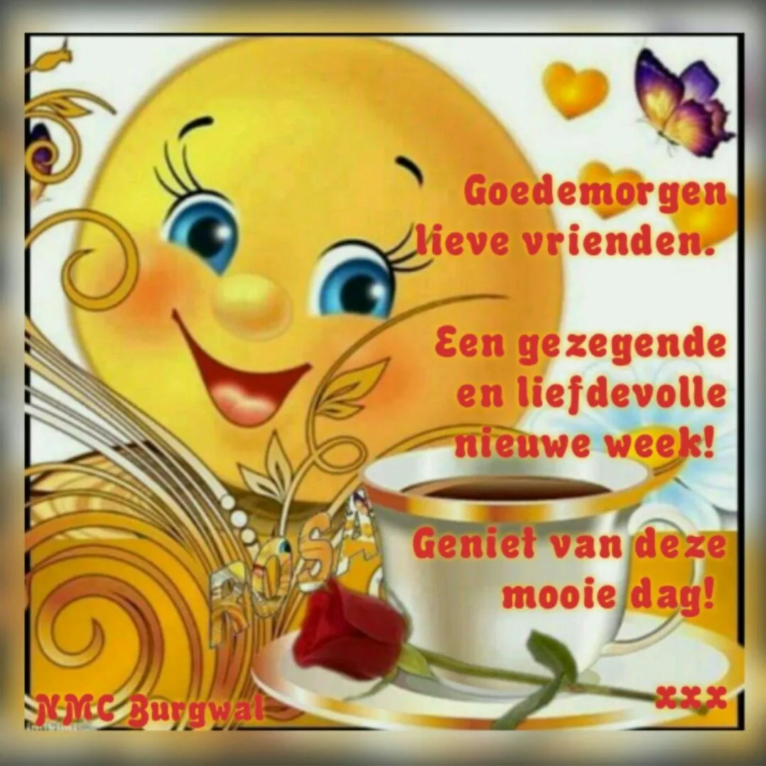 Illustratie van een zon met een glimlach, mok koffie en een roos. Groet voor een nieuwe week.