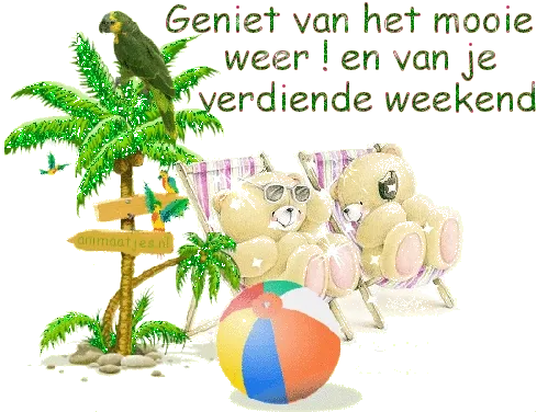 Twee beren op ligstoelen met een palmboom en een papegaai, genieten van het weekend.