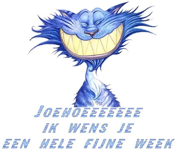 ᐅ fijne werkweek - Fijne week plaatjes Een blauwe kattencaricatuur met een grote glimlach en een wens voor een fijne week.