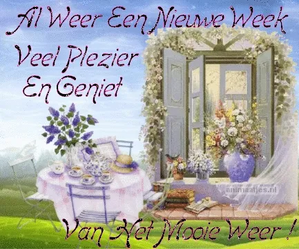 ᐅ fijne werkweek - Fijne week plaatjes Schilderij van een open deur met bloemen en een tafel met ontbijt en een uitnodigende sfeer.
