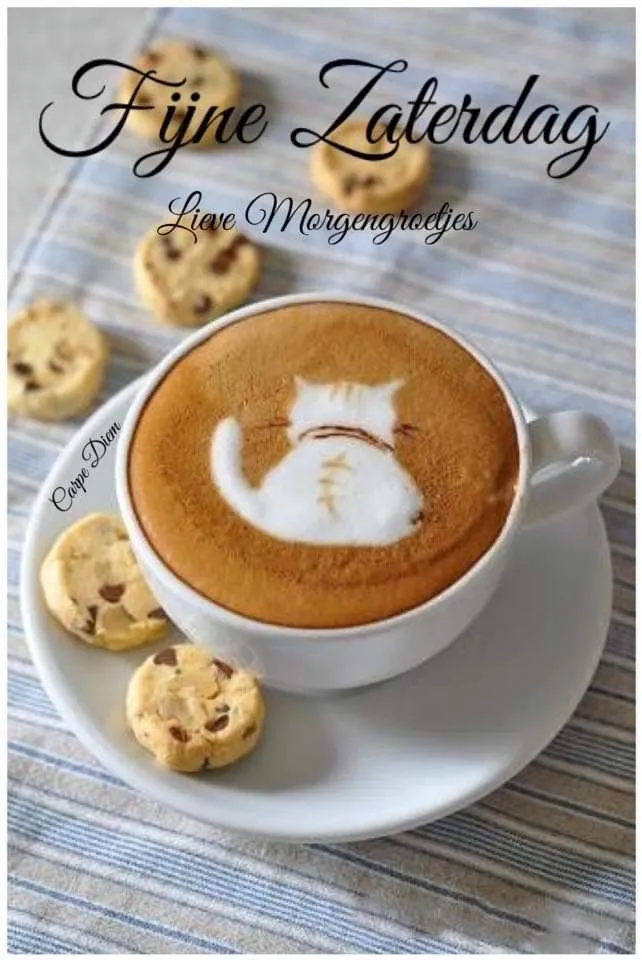 Kopje koffie met kattenlatte art en koekjes op een blauwe gestreepte ondergrond.