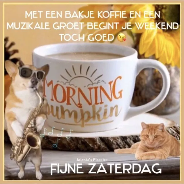 Een mok koffie met een saxofonist en een kat, met de tekst "Fijne Zaterdag".