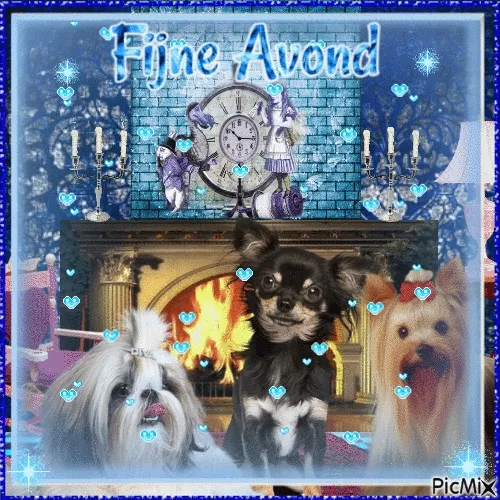 Drie honden zitten voor een haard, met decoraties en een klok op de achtergrond.