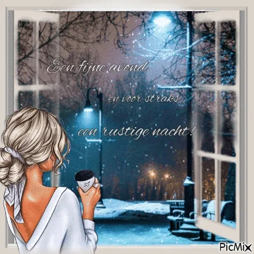 Een vrouw met een koffie, kijkend naar een sneeuwachtige straat bij nacht.