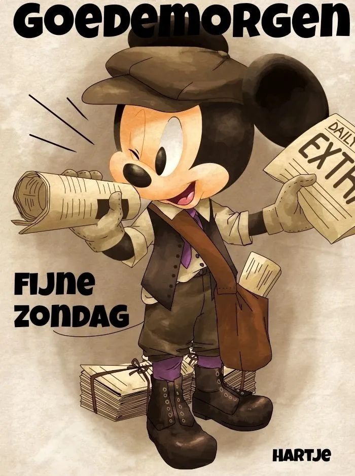 Te tekening toont een vrolijke muis met kranten en de tekst "Goedemorgen, Fijne Zondag".