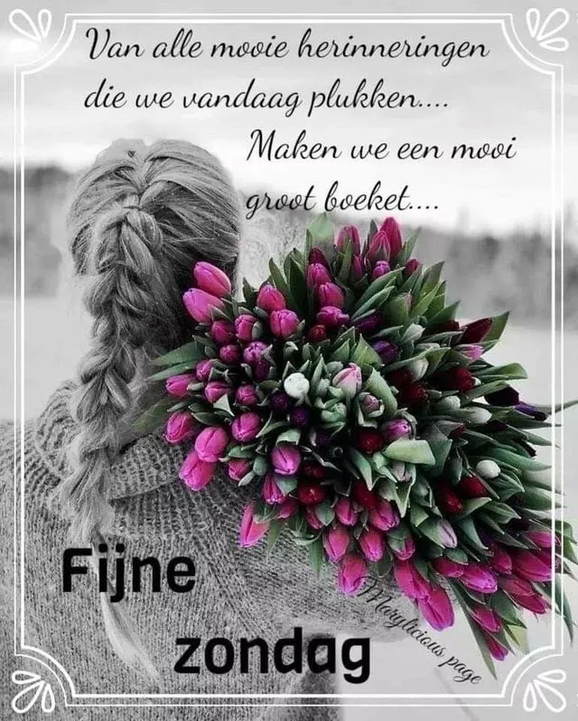 Vrouw met een grote bos tulpen, tekst over mooie herinneringen en een fijne zondag.