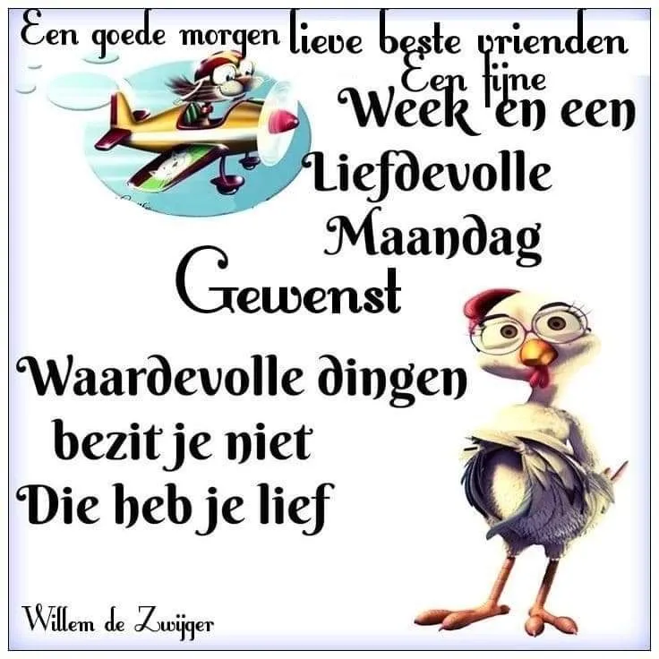 Tekst met vrolijke wensen voor de week, met een vliegtuig en een schattige vogel.