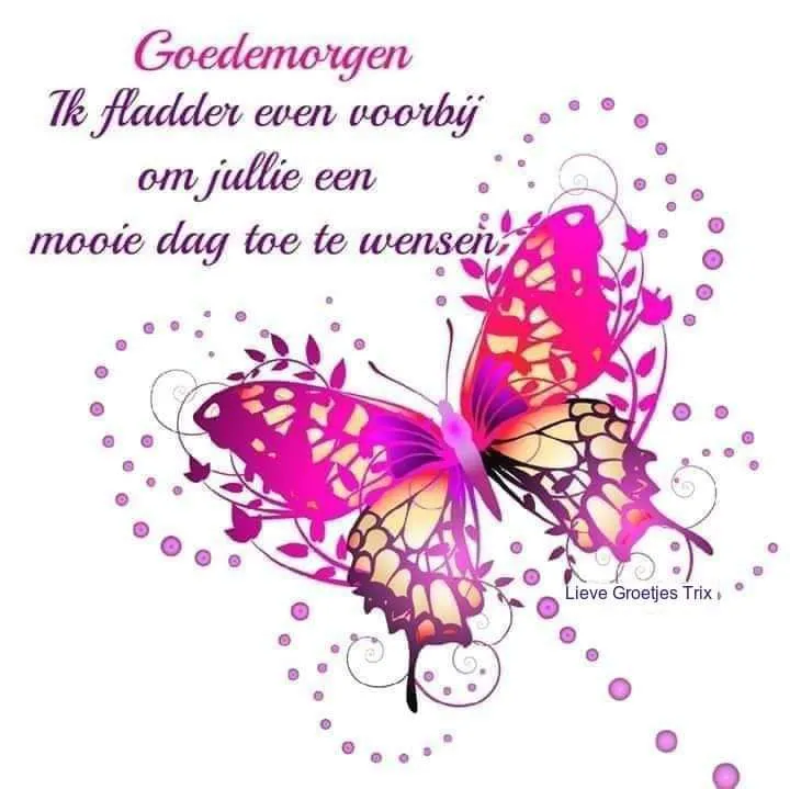 Kleurige vlinder met tekst "Goedemorgen, ik fladder even voorbij om jullie een mooie dag toe te wensen."