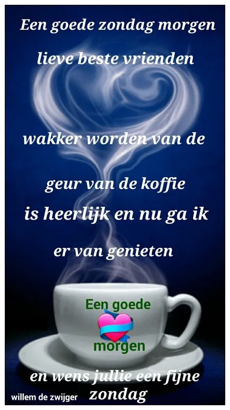 Koffiestoom vormt een hart, met tekst over een fijne zondagmorgen.