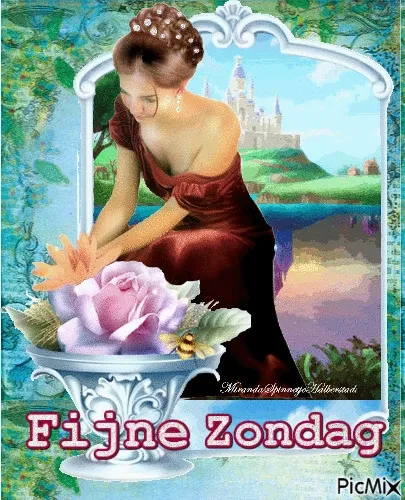 Een vrouw in een jurk met een bloem, met een kasteel op de achtergrond. Fijne Zondag!