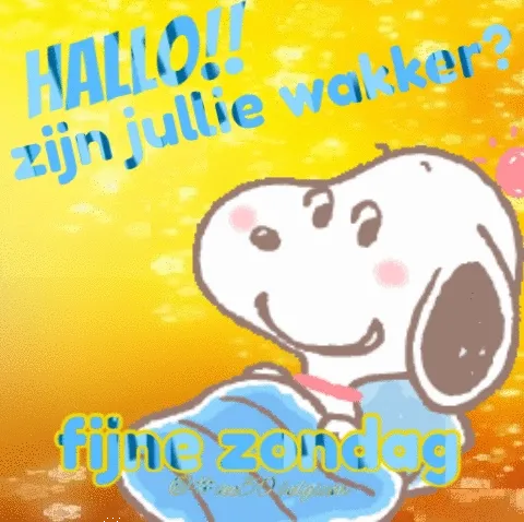 Snoopy vraagt vrolijk of iedereen wakker is op een zonnige zondag.