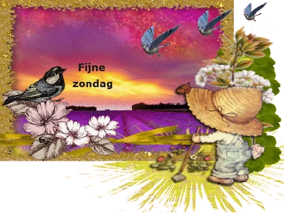 Kind in een tuin met bloemen en vogels, met de tekst "Fijne zondag" op de achtergrond.