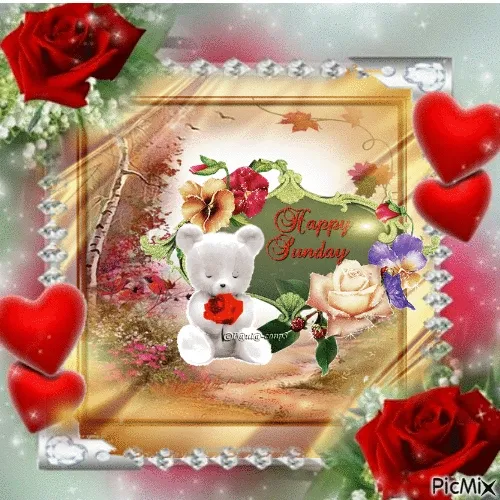 Plaatje met een schattige teddybeer en bloemen, met tekst "Happy Sunday".