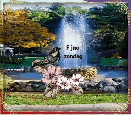 Een fontein in een park met bloemen en een vogel. Tekst: "Fijne zondag".