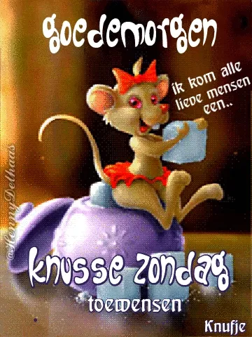 Een schattige muis in jurk met een kopje thee, met de tekst "Goedemorgen, knusse zondag".