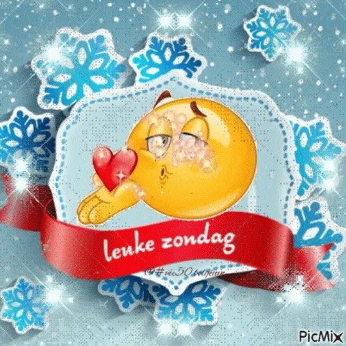 Een gele emoticon kust een hart op een achtergrond met sneeuwvlokken.
