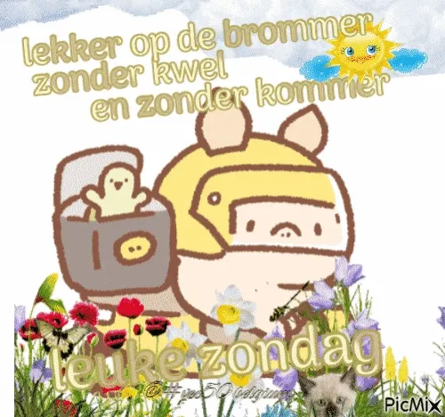 Een schattig figuur op een brommer in een bloemenveld, met een zonnige achtergrond.