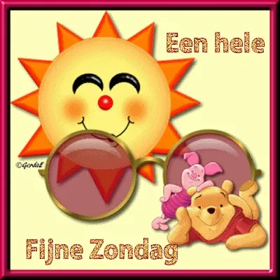 Zon met lachend gezicht en Winnie de Poeh met Knorretje, wens voor een fijne zondag.