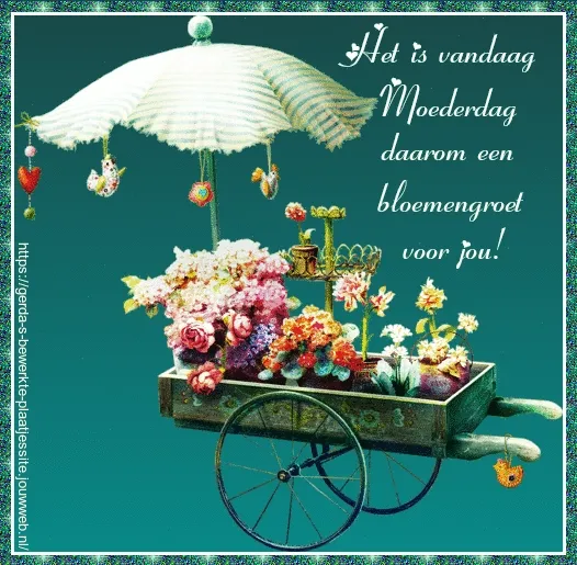Bloemenkruiwagen met een parasol en text over Moederdag.